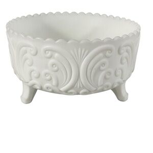 Vintage Imperial Milk Glass 3 Footed Bowl Embossed Scroll Pattern White Glass